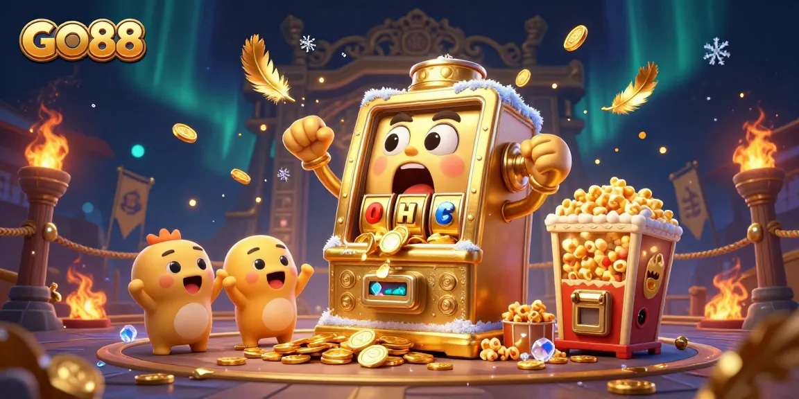 GO88 slots jackpot celebration with golden machines, cheerful characters, and dynamic casino elements