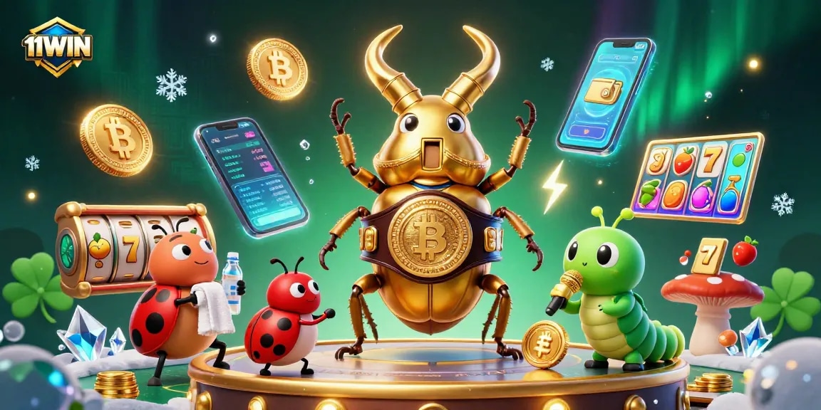 Exciting 11WIN casino illustration featuring golden stag beetle boxing champion amidst slot machines.