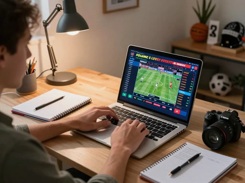 Person engaging in live sports betting on JUN88 at home with laptop and notes.