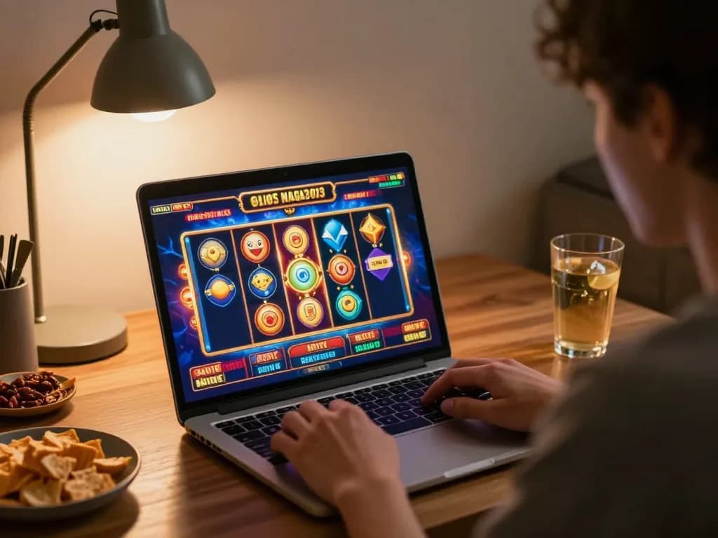 Engaging gameplay of Slot Gacor Naga303 on a laptop, showcasing a colorful online slot interface.