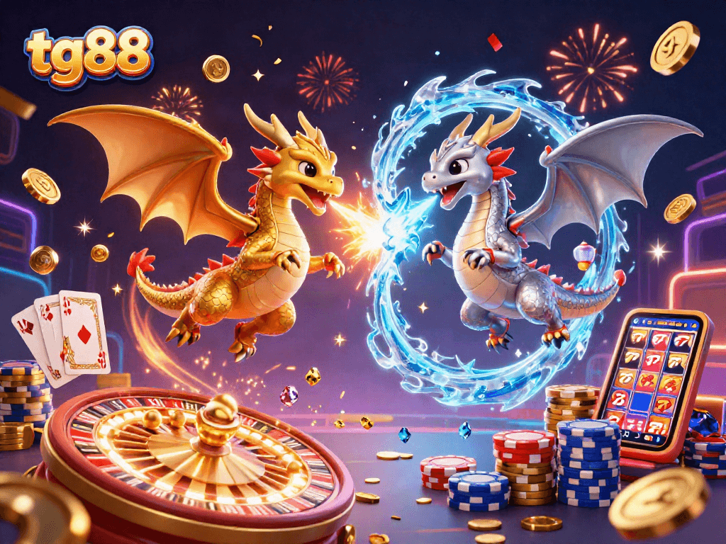 Spin the reels at tg88 and watch dragons duel with fire and ice amid colorful casino elements.