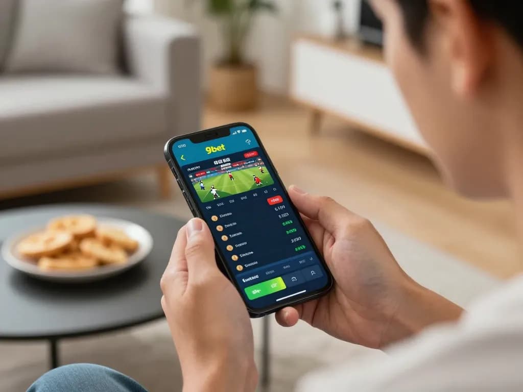 Person engaged in live sports betting on 9bet app, showcasing intense focus and excitement