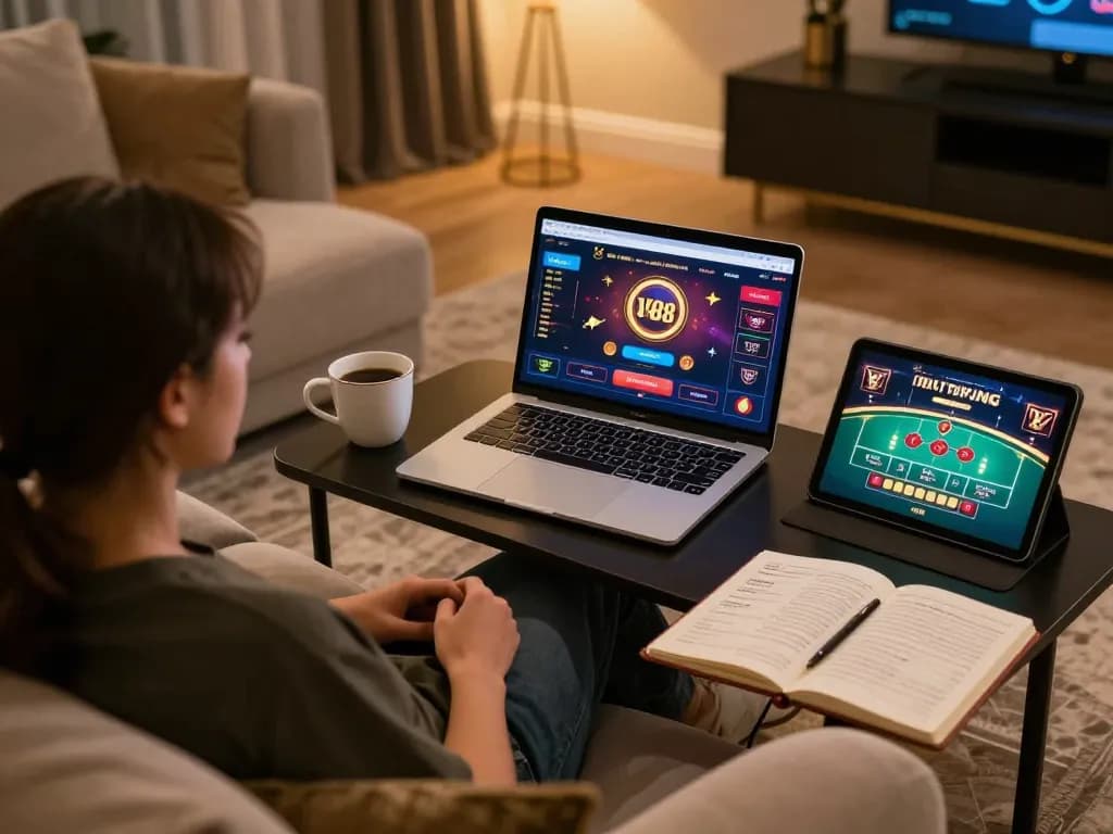 Engaging in online LV88 casino gaming with a laptop and tablet in a cozy living room setting.