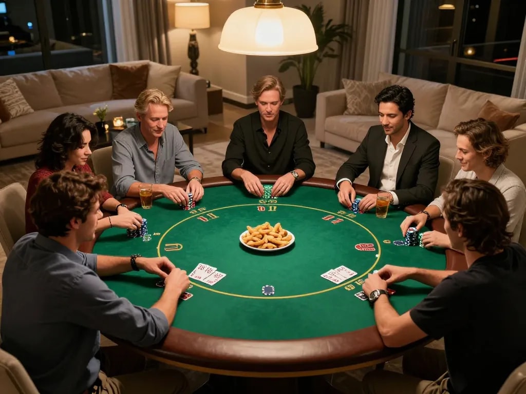 LINK FABET engaging poker night scene with players in action around the table, showcasing strategic gameplay.