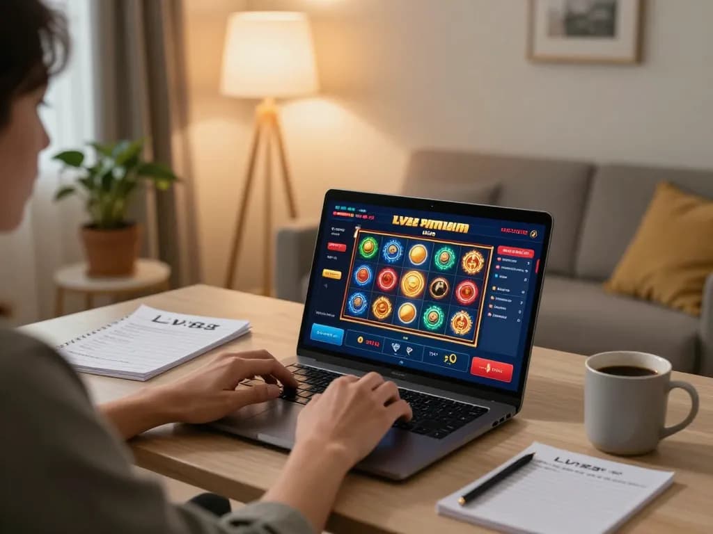 Engaging gameplay on LV88 online casino laptop with vibrant slot games at home.