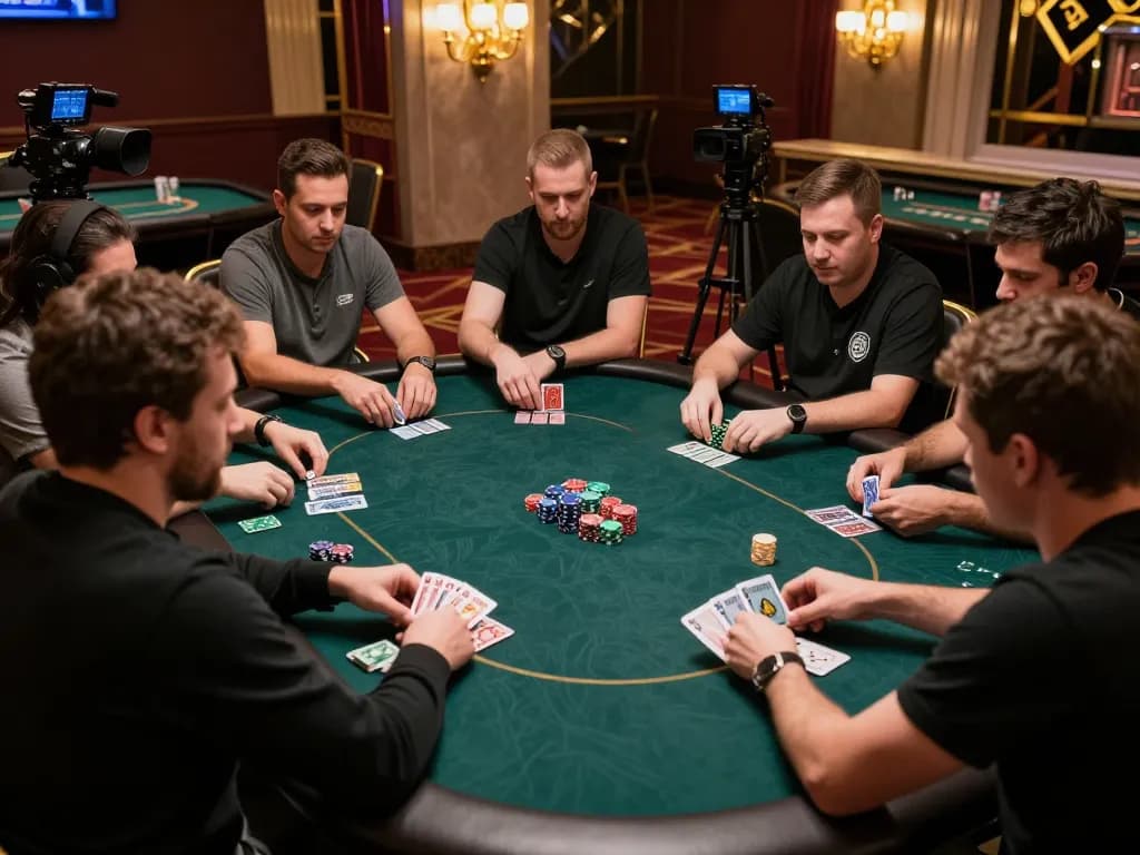Engaged players devising strategies at LUCKS8 poker game in an upscale casino environment.
