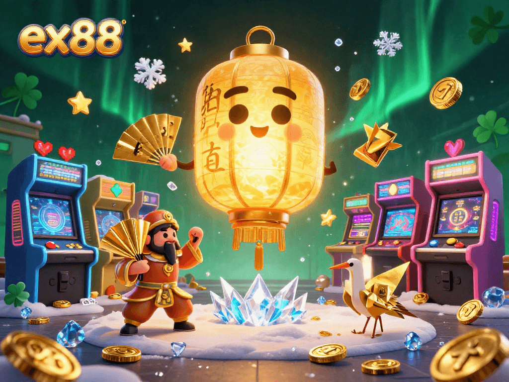Experience the magic of ex88 in this vibrant casino illustration packed with colorful game elements and lucky symbols.