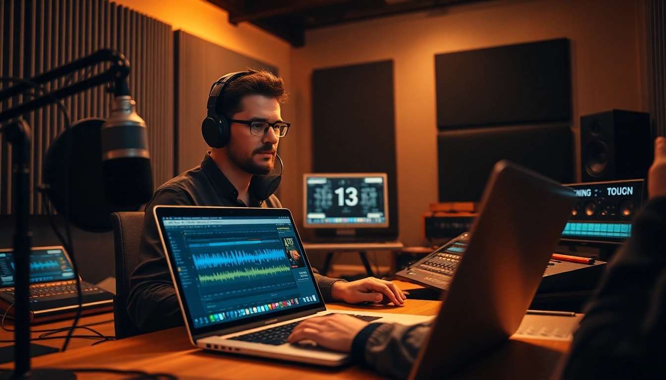 Online mastering process in a vibrant audio studio with various equipment.