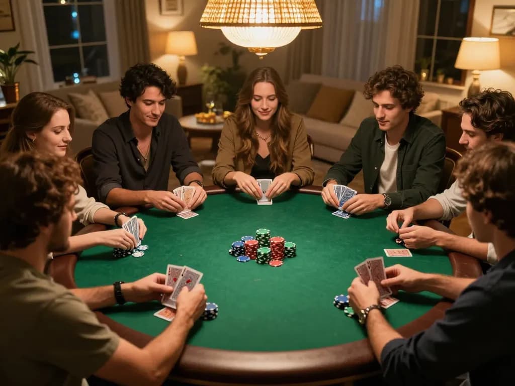 Players engaging in a lively poker game at home, highlighting cm88 strategies and interactions.