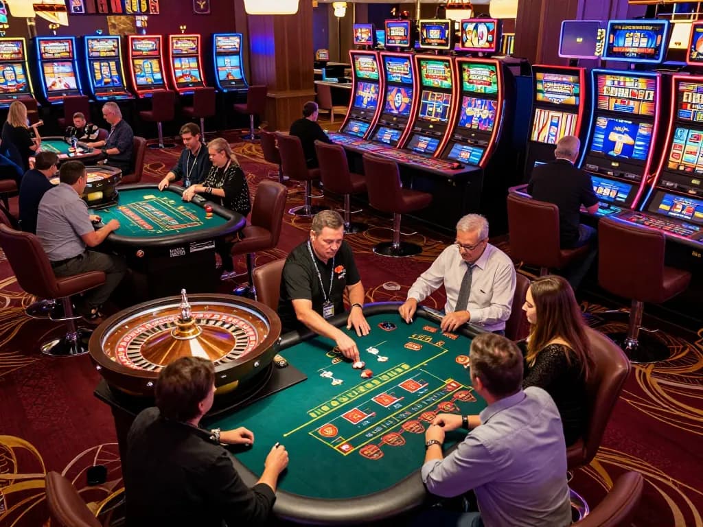 Red88 casino scene with players enjoying vibrant gaming tables and a roulette wheel.