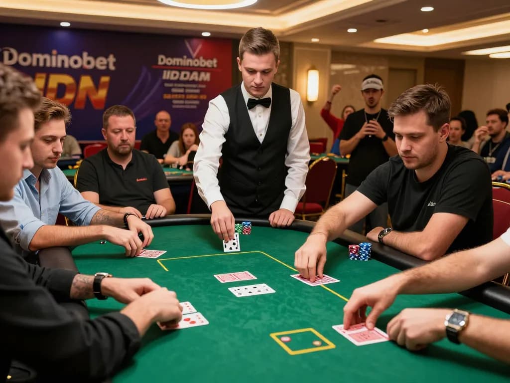 Intense Dominobet IDN Poker tournament scene, players gauging strategies at a green felt table.