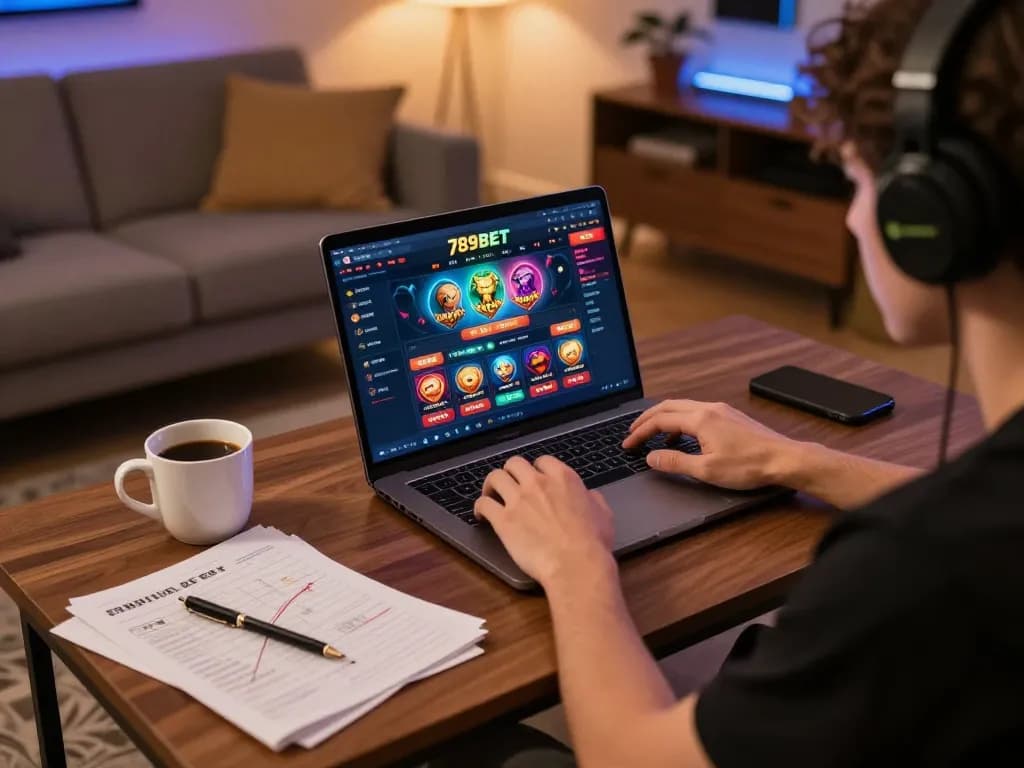 Player engaging with 789BET online casino while analyzing strategy at home.