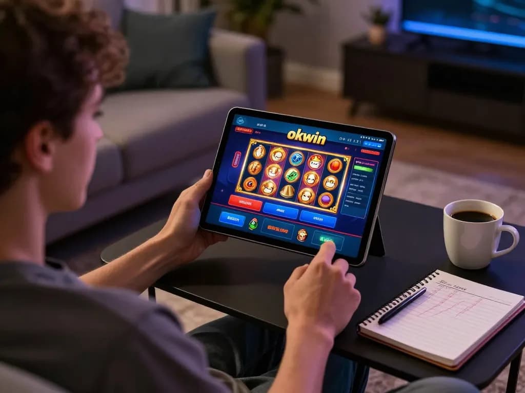 Engaging moment playing okwin slots on a tablet, capturing home gaming ambiance.