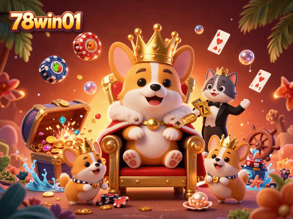 Experience excitement with 78win01 as a royal corgi reigns over a lavish casino scene.
