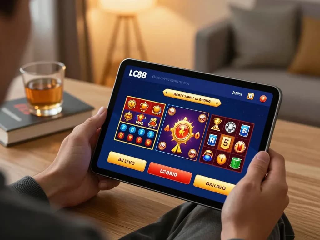 Engaging user experience with rút tiền lc88 using the app on a tablet in a cozy home setting