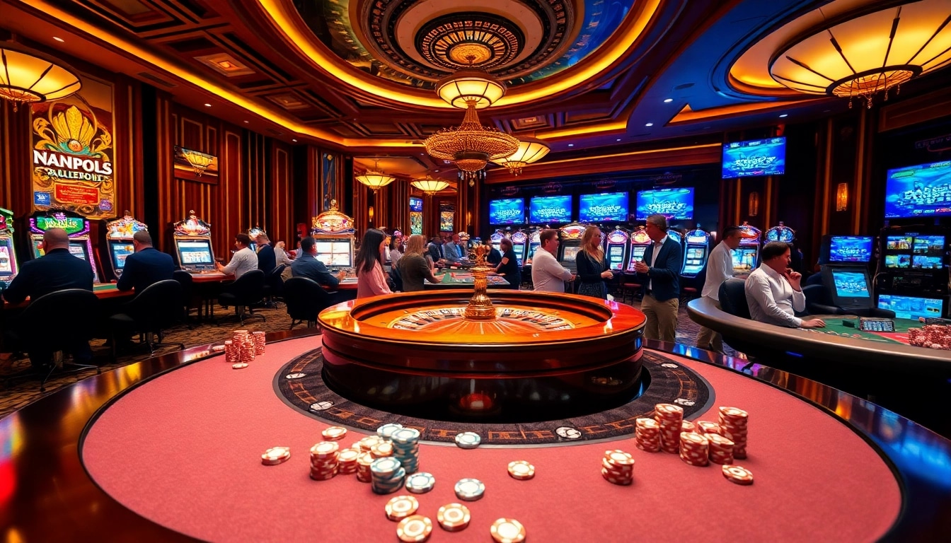 Players enjoying a lively betting experience at https://xo880.com/ featuring roulette tables, slot machines, and poker chips.