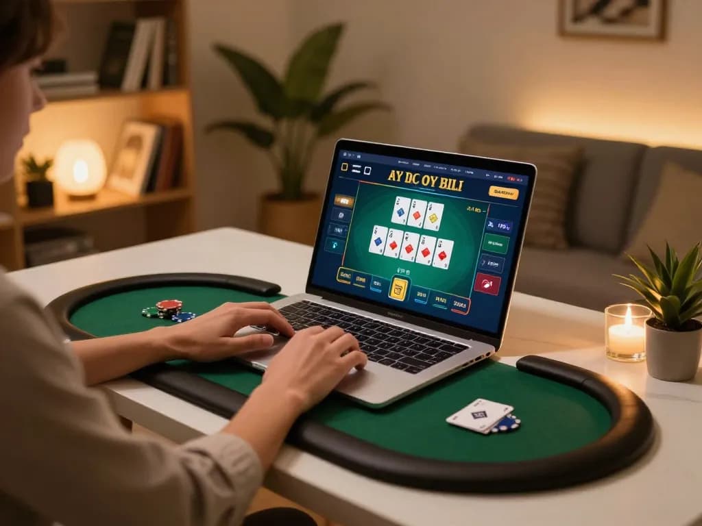 Engaged user playing poker on vipwin777 with sleek laptop and comfortable setup