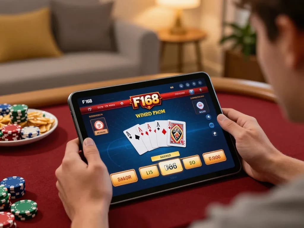 Player enjoying online poker at F168 com with cards and a cozy home setup