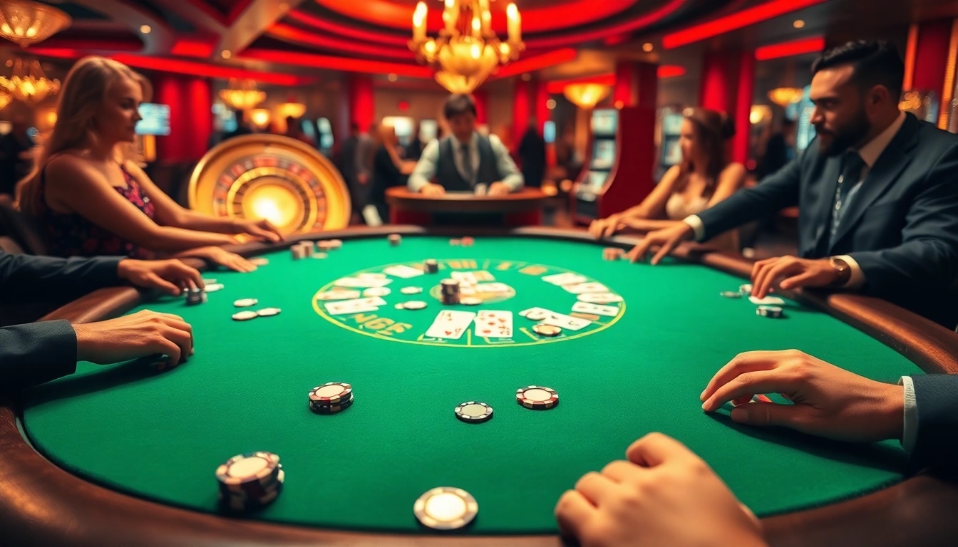 Excited players place bets at the UU88 casino gaming table in a vibrant atmosphere.