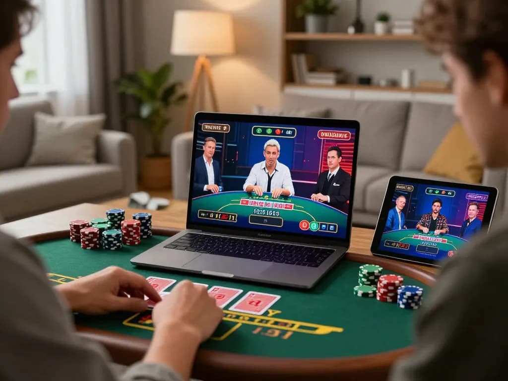 cm88 player enjoying an online blackjack game in a cozy home setting, showcasing lively gameplay and responsible gaming