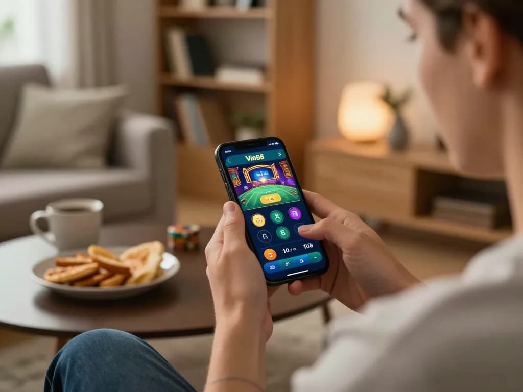 Player engaging with the Vin88 mobile app while enjoying a cozy home atmosphere.