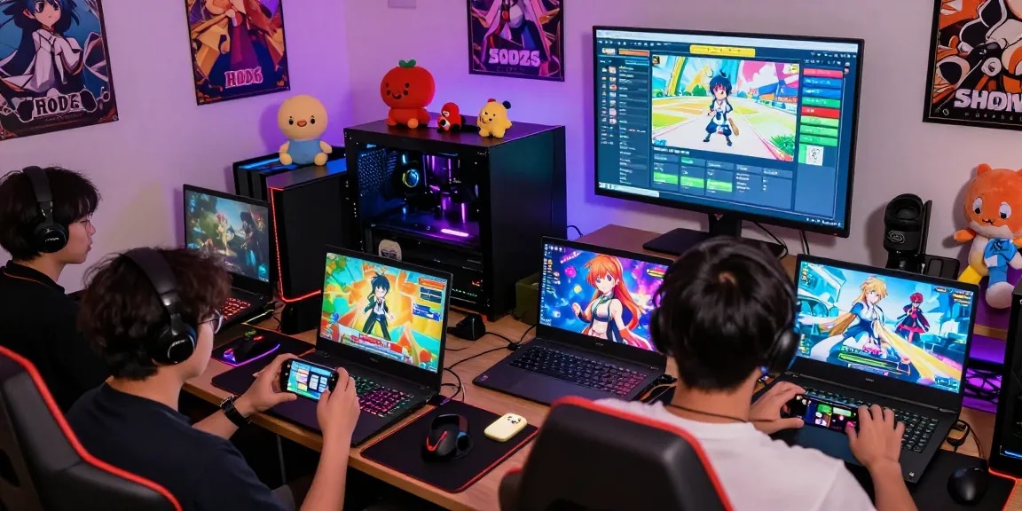 Players immersed in hentaigames on various devices, showcasing vibrant visuals and competitive spirit in a cozy gaming room.