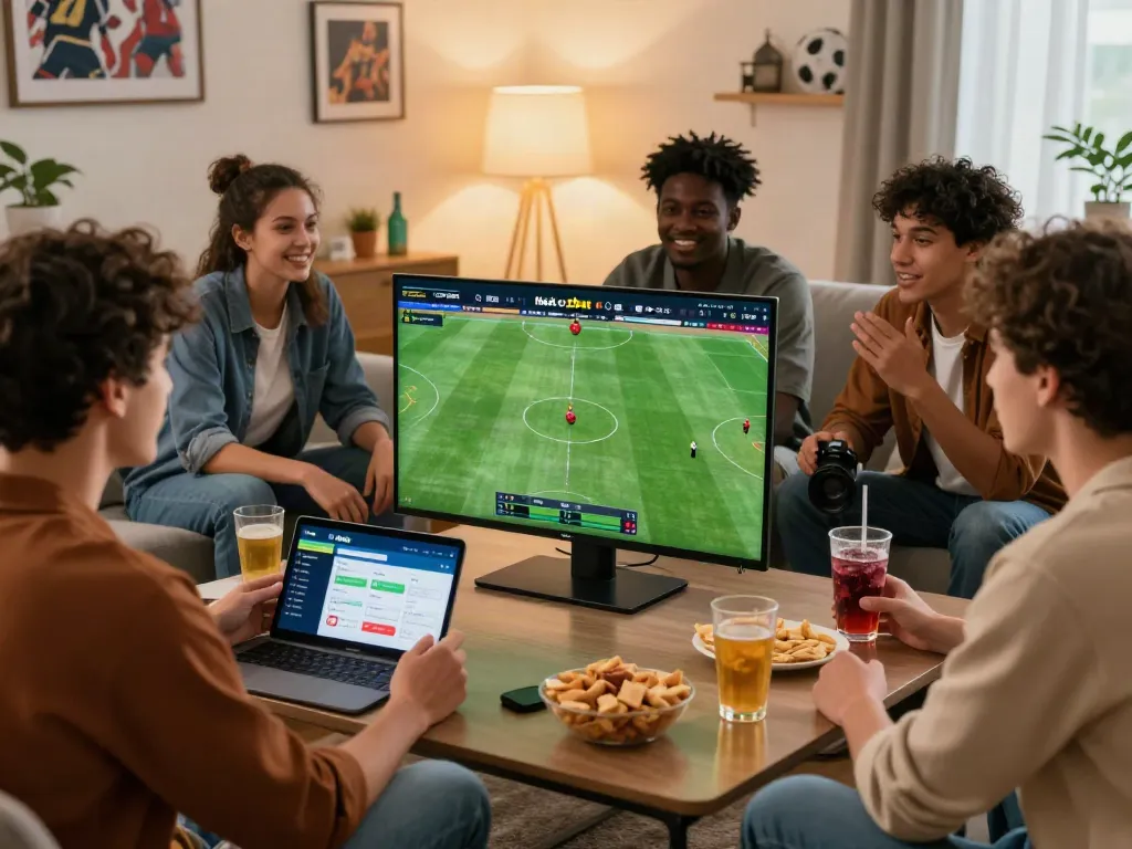 Friends enjoy sports betting on Nhà cái zbet app in a lively living room.