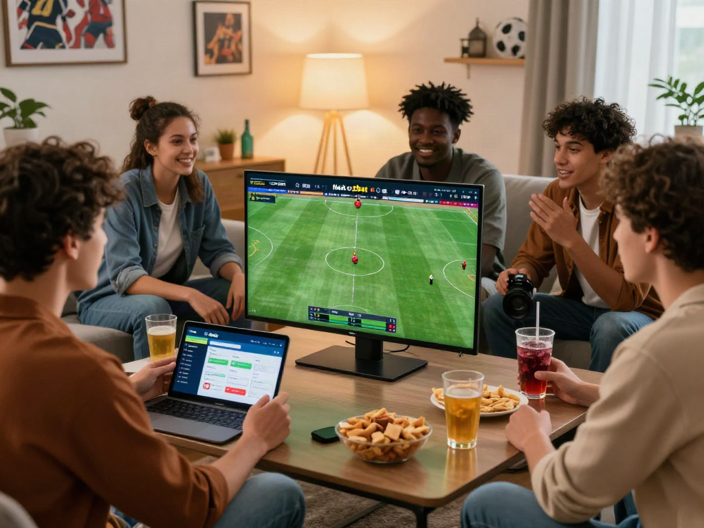 Friends enjoy sports betting on Nhà cái zbet app in a lively living room.