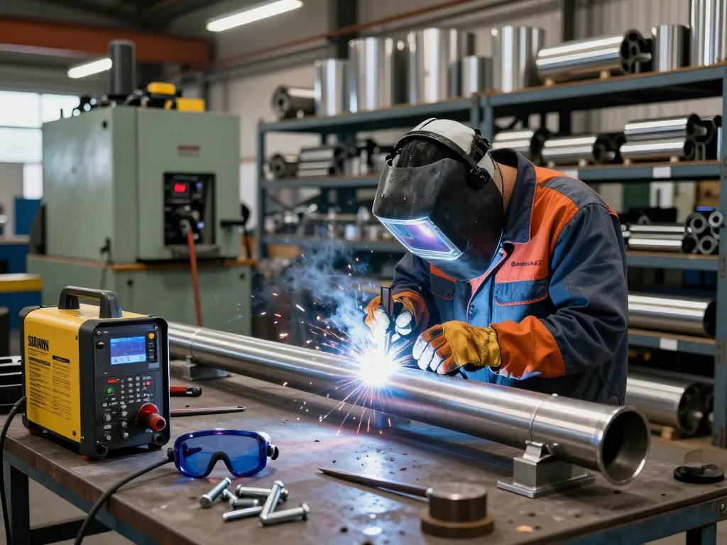Welder expertly crafting stainless steel pipes featuring the sumwin brand in a bright industrial workshop