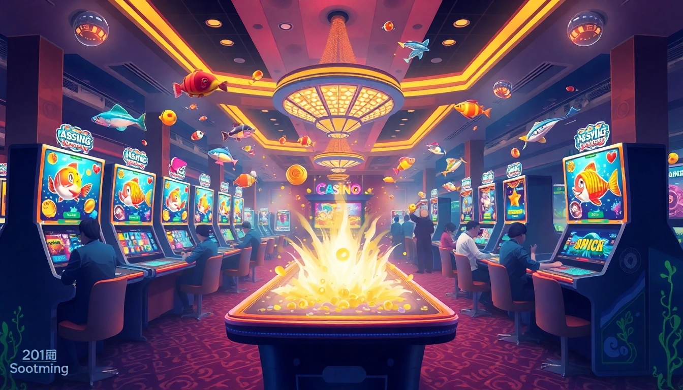 Bắn cá đổi thưởng game scene featuring colorful fish, vibrant graphics, and players winning rewards at a lively casino.