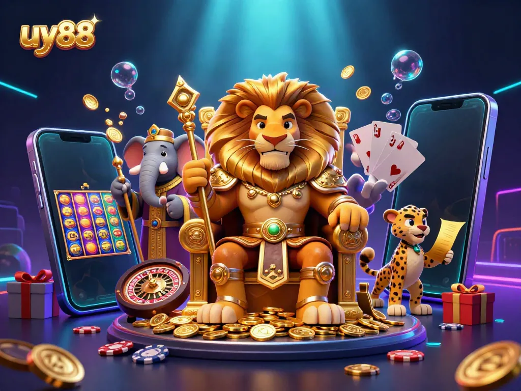 Experience the thrill of uy88 with a majestic lion king, wise elephant, and vibrant casino elements.