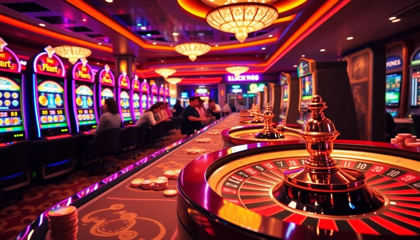 Players enjoying the excitement of the luck888 slot machines in a vibrant casino atmosphere.