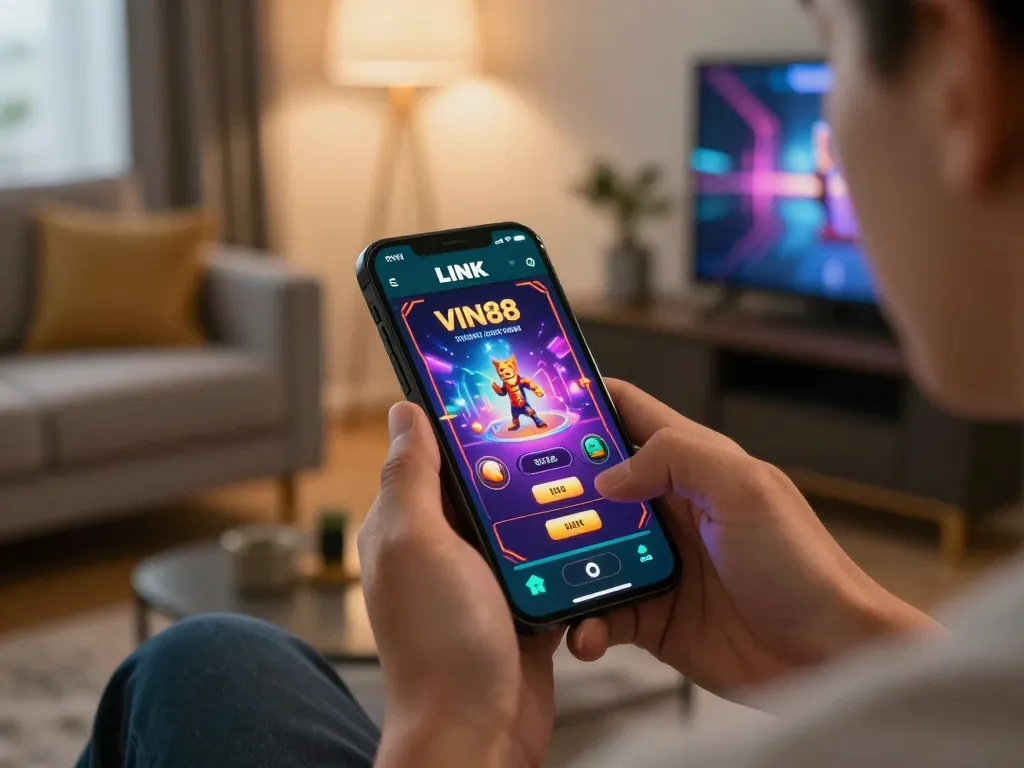 Users enjoying LINK VIN88 app on smartphone in a stylish home setting, showcasing engaging online gaming experience.
