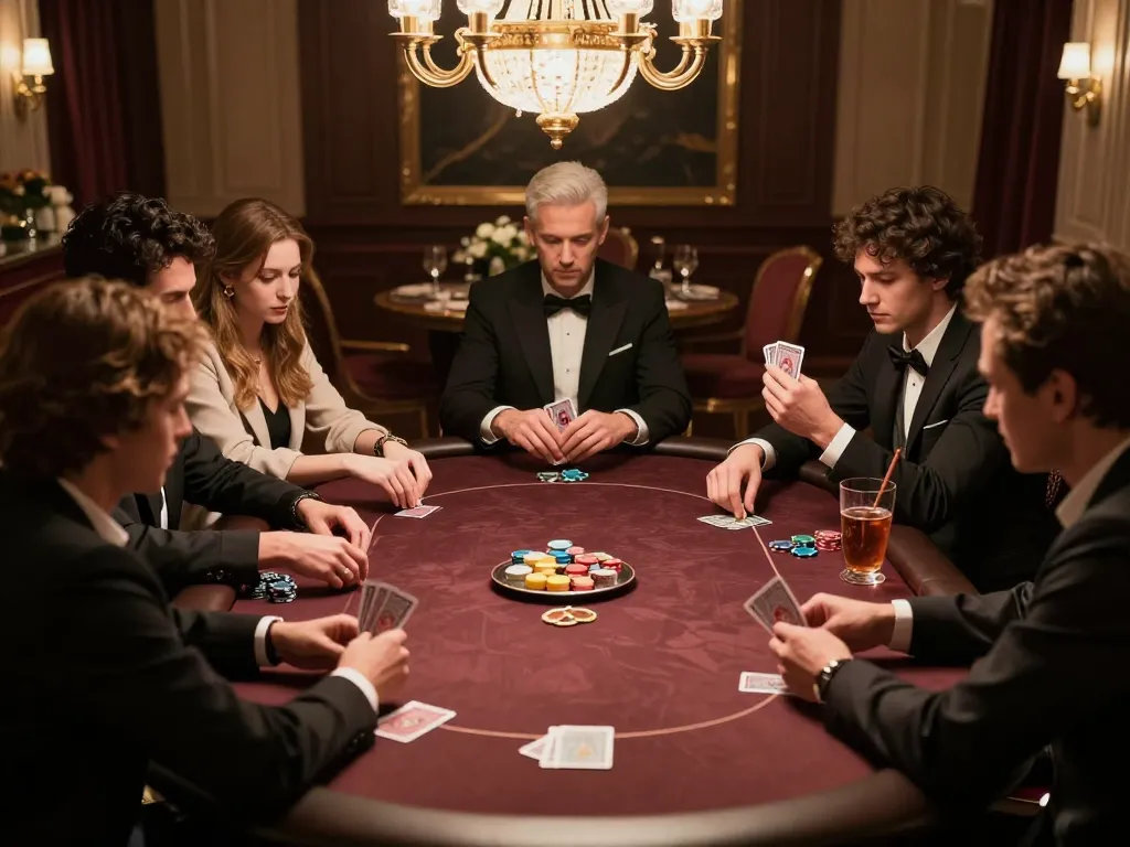 Players engage in a high-stakes poker game at a luxurious table, highlighting strategic moments at mb668.