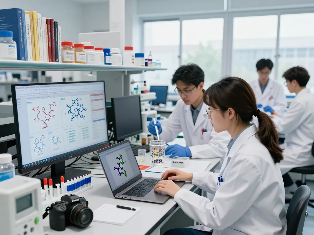 Slupp332 peptide research team analyzing data in a bright laboratory with molecular structures and peptide samples.