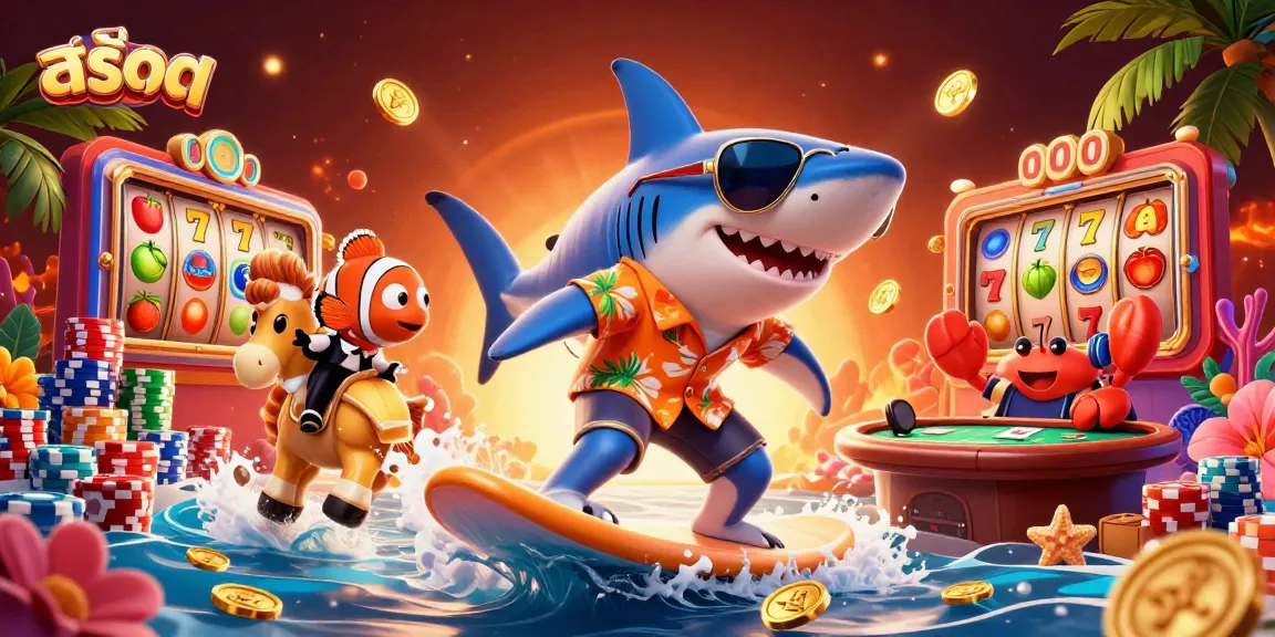 Experience the thrill of สล็อต with a lively 3D scene featuring a shark and a crab DJ amidst gold coins.