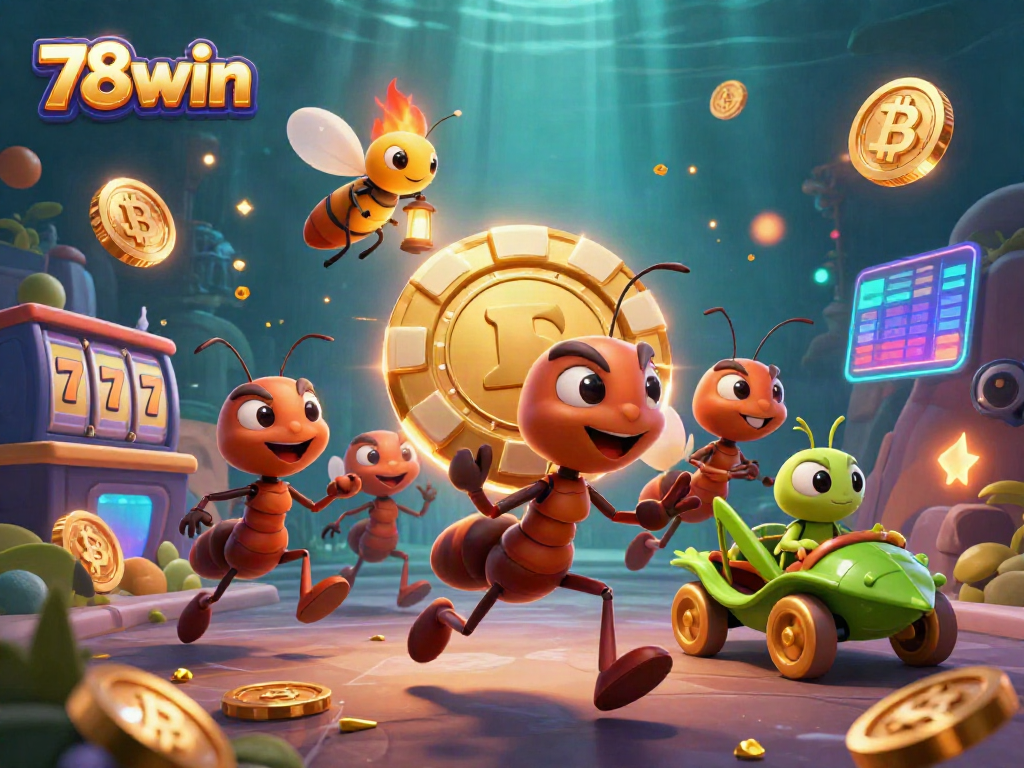 Engage with 78win's thrilling heist scene featuring animated ants and casino elements for an exciting gambling adventure.