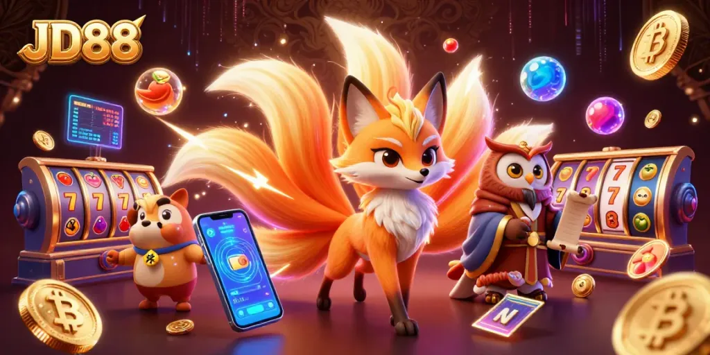 Engage in thrilling gameplay with JD88's vibrant world of slots and jackpots represented by a nine-tailed fox and wise owl in a colorful casino.
