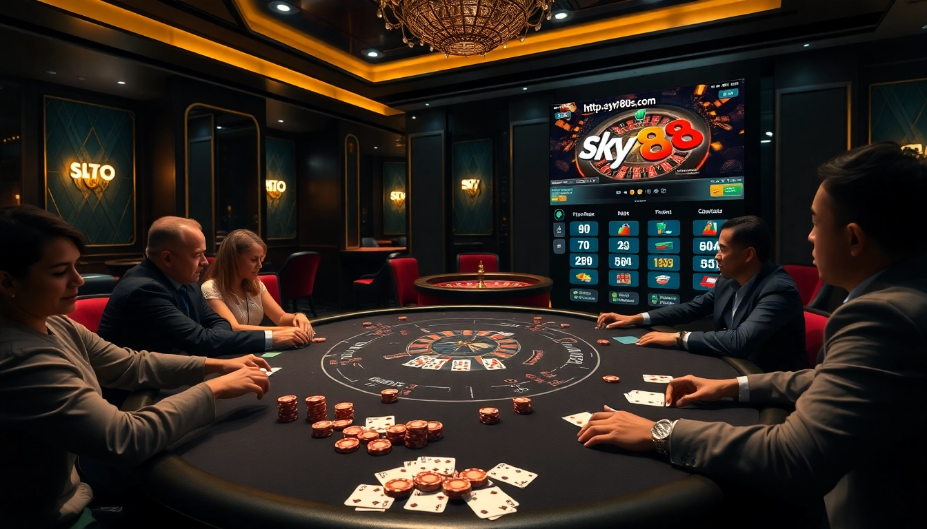 Experience thrilling gameplay with https://sky88us.com/ at a luxurious poker table, complete with chips and cards.
