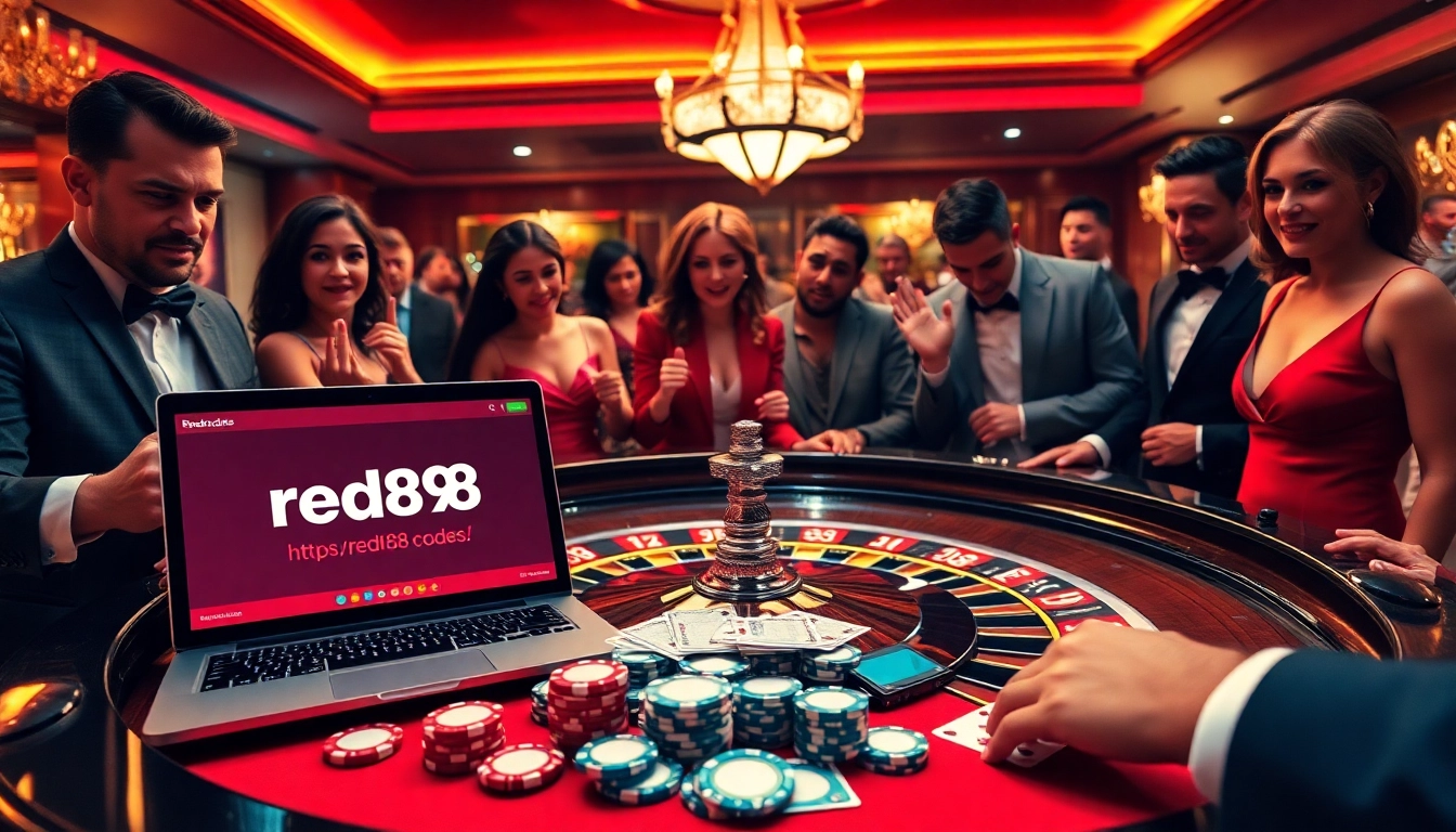 Players enjoying a thrilling game at https://red88.codes/ casino with roulette and poker chips.
