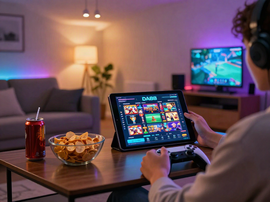 Engaging online gaming experience on DA88 with tablet and snacks.