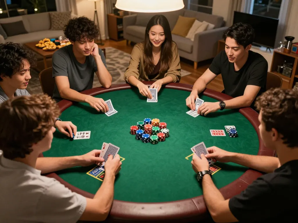 Friends enjoying a poker game at home, showcasing F168's engaging gambling atmosphere