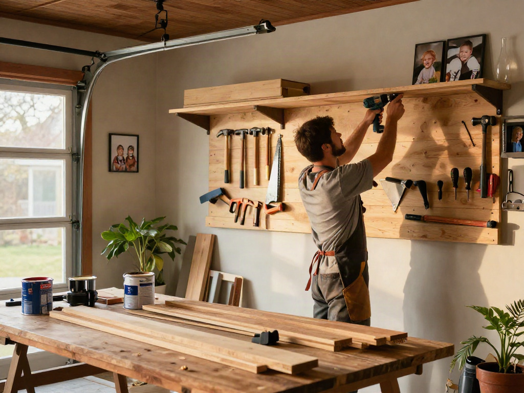 Home repair services Des Moines Iowa showcased with a handyman repairing shelves in a cozy garage.