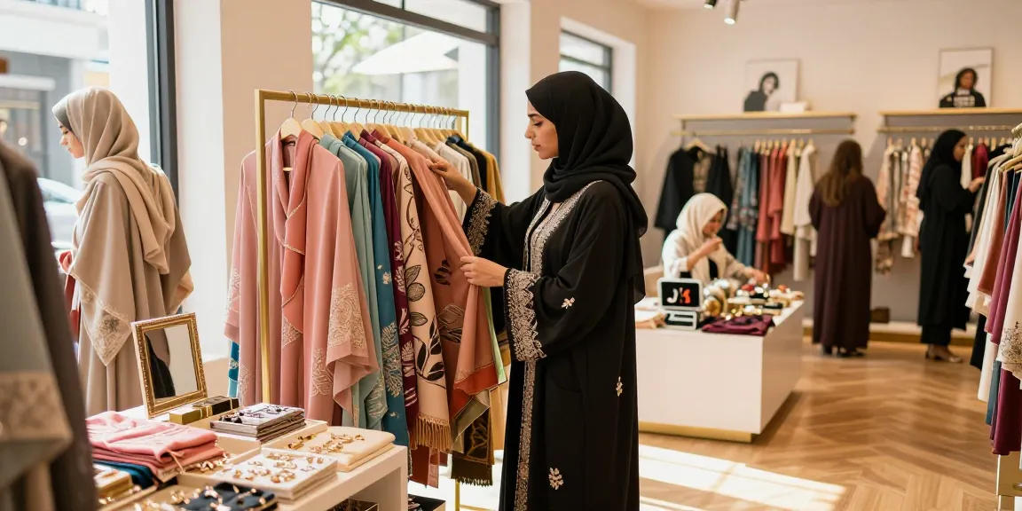 Stylish woman in an intricate abaya exploring a boutique's colorful accessories