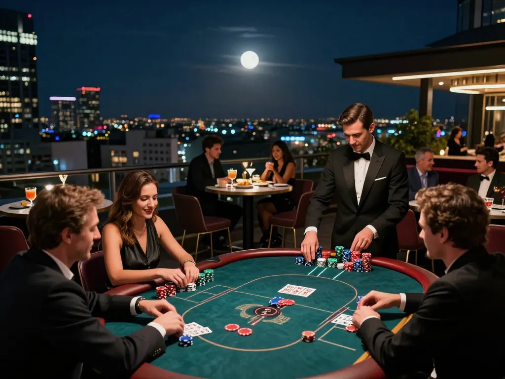 Players enjoying a high-stakes poker game at Go 88 casino rooftop terrace.