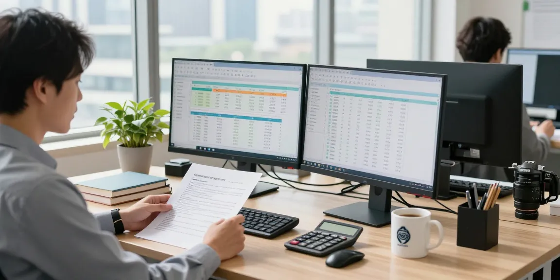 Contabilitate firmă: Contabil revizuind documente financiare într-un birou modern.