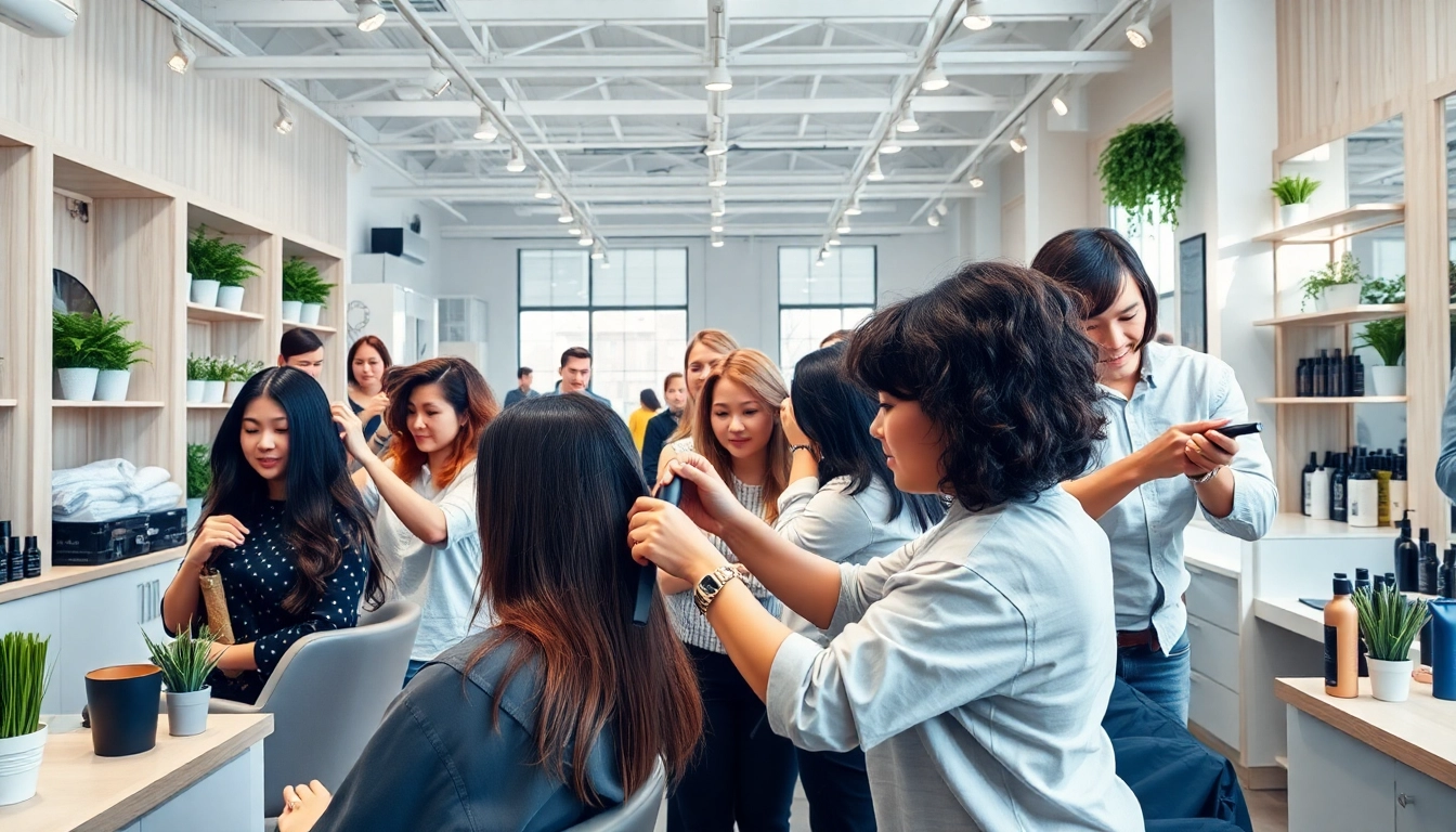 Friseur professionally styling hair in a modern salon environment.
