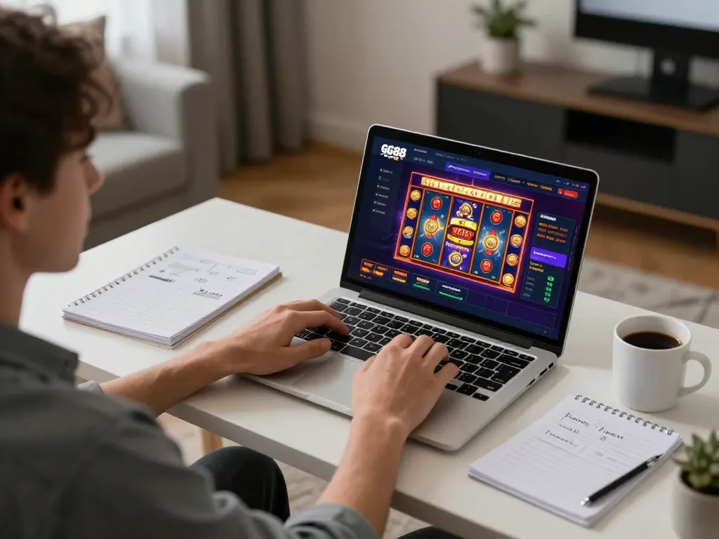 Engaging in online casino gameplay at GG88 COM with vibrant slot machine visuals in a cozy atmosphere