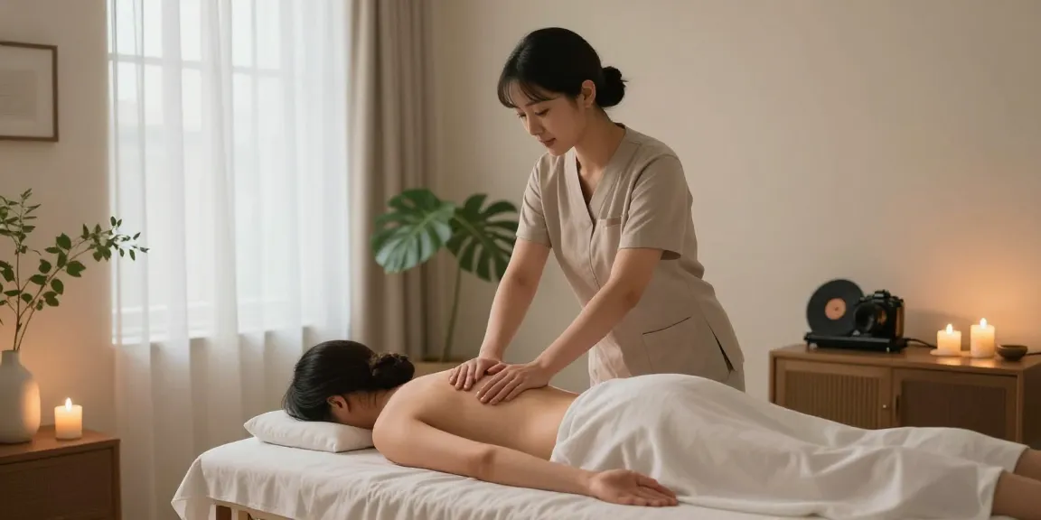 Soothe yourself with 신림출장안마, featuring a serene home massage scene with professional therapist and calming ambiance.