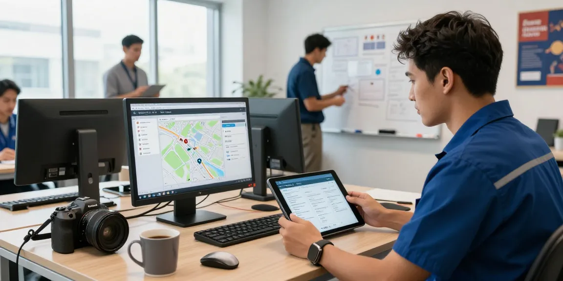 Technician dispatch software interface displayed on a tablet in a dynamic field service management office.
